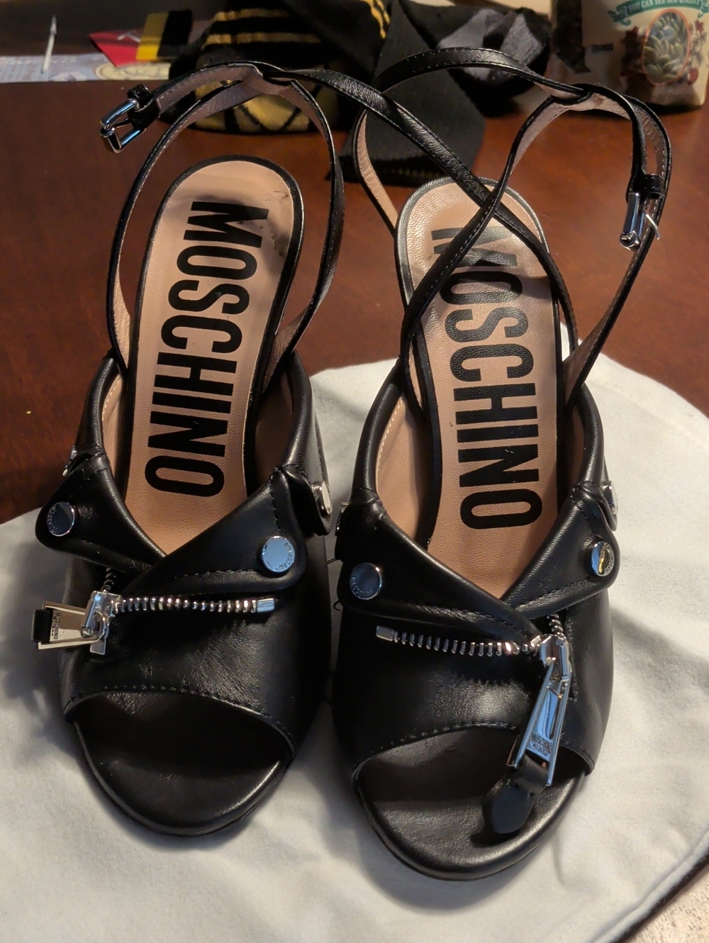 Moschino Black Leather Peep-Toe Slingback Heels with Silver Zip Detail